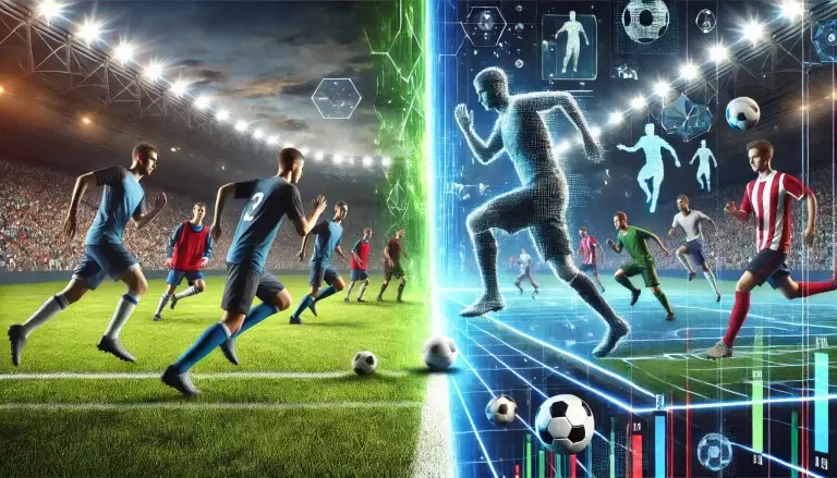 DALL·E 2025-03-09 01.43.24 - A dynamic scene showcasing athletes engaged in a hybrid competition_ on one side, players participate in a traditional soccer match on a grass field;