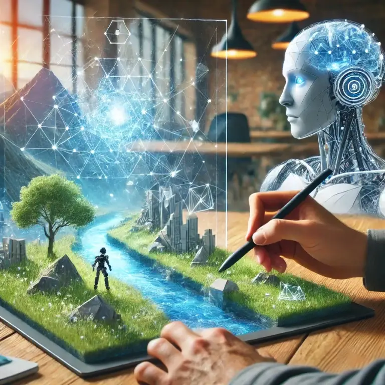 DALL·E 2025-03-09 02.10.58 - A concept artist working on game development using a digital tablet, accompanied by an AI interface represented as a holographic projection of a neura